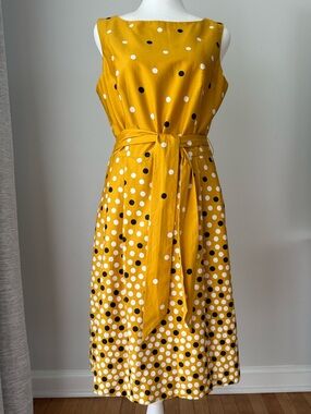 Anne Klein Mustard Yellow Polka Dot Tie-Waist Midi Dress